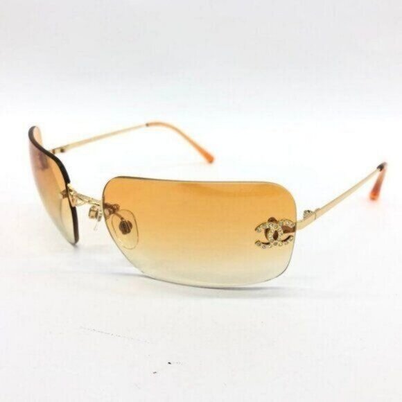 🧡RARE Chanel Vintage Sunglasses Rhinestone CC Logo Rimless Gradient Gold Orange - Picture 3 of 14